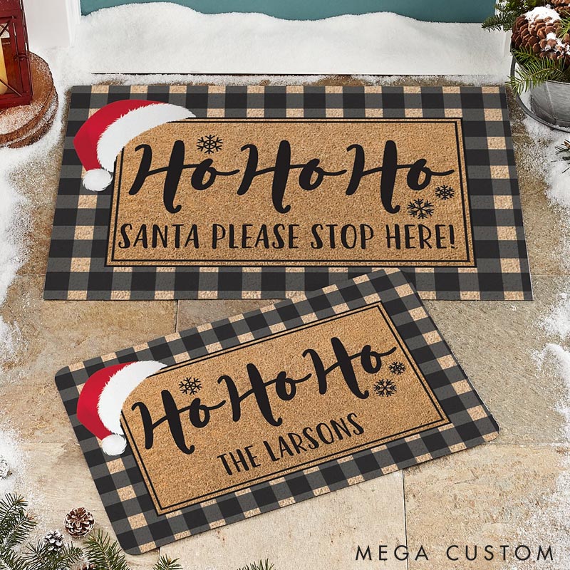 Personalized Ho Ho Ho Doormat Custom Santa Stop Here Holiday Rug Perfect Christmas Housewarming Gift for New Home Festive Entryway Decor Durable Indoor Outdoor Mat