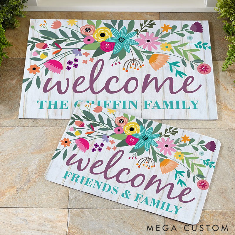 Personalized Welcome Spring Doormat Custom Floral Design Rug Perfect Housewarming Gift for New Home Seasonal Entryway Decor Durable Indoor Outdoor Mat