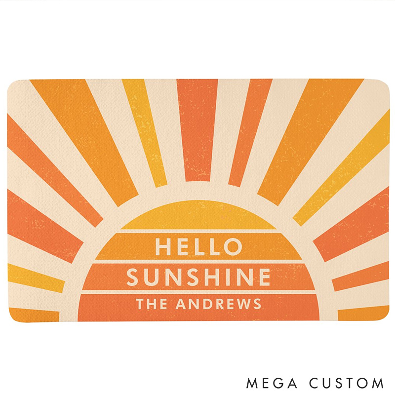 Personalized Hello Sunshine Doormat Custom Family Name Rug Perfect Housewarming Gift for New Home Bright Entryway Decor Durable Indoor Outdoor Mat