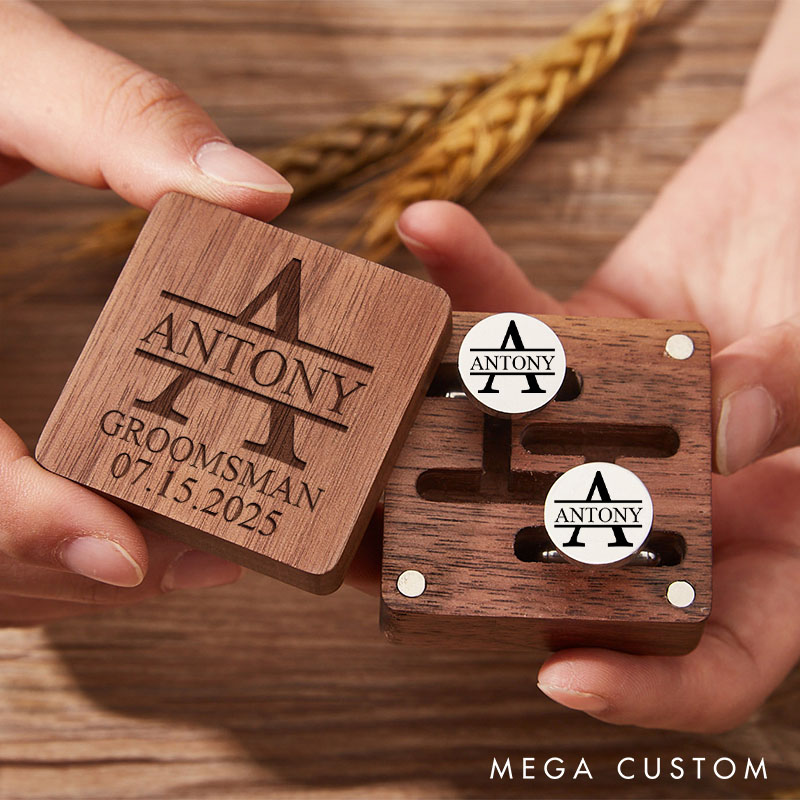 Personalized Groomsman Cufflink Gift Box Engraved Wooden Cufflink Box with Cufflinks Wedding Party Favors Gift for Groom Best Man