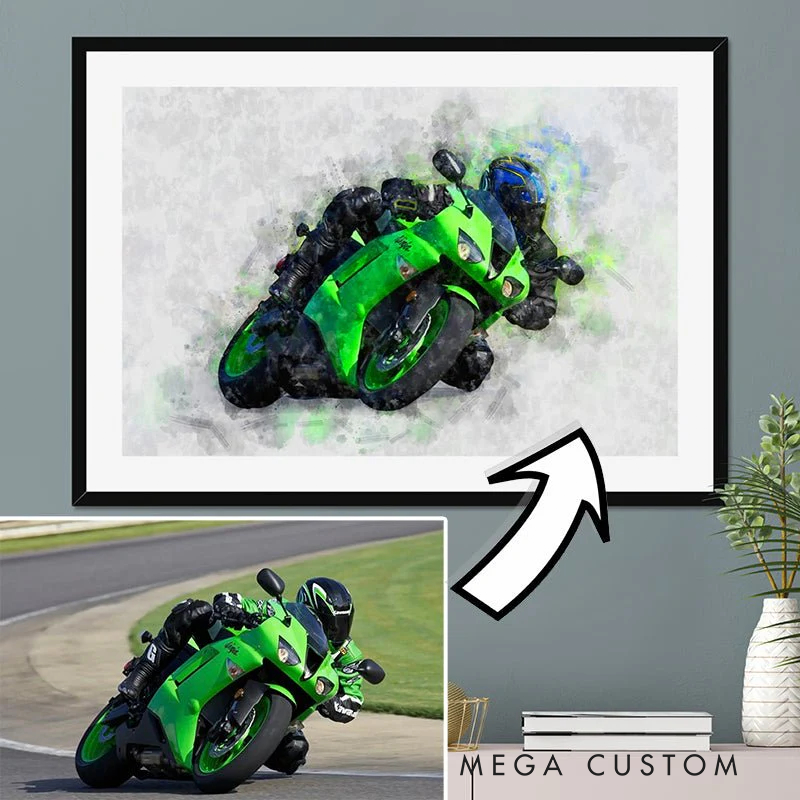 Personalized Motorcycle Cartoon Portrait Watercolour Motorcyclist Gift Idea Biker Present for Him