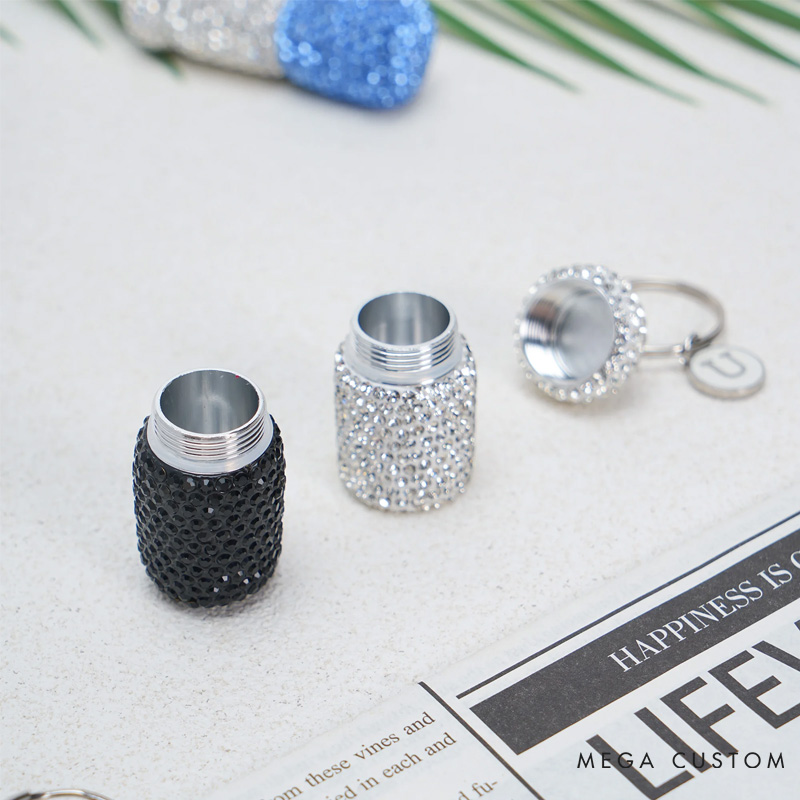 Personalized Glitter Rhinestone Capsule Shape Pill Storage Keychain with Initial Travel Use Birthday Gift for Women Medication Users