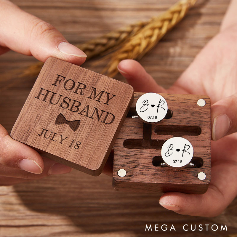 Personalized Wooden Cufflink Box for Men Heartfelt Wedding Gift for Husband or Groom Engraved Cufflinks Box Set with Cufflinks for Men