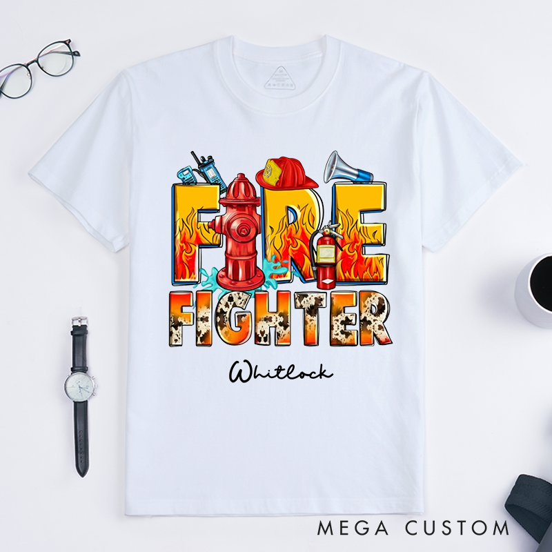 Personalized Vibrant Bold Dynamic Firefighter Typography and Equipment Illustration Design Gift for Firefighter T-Shirt