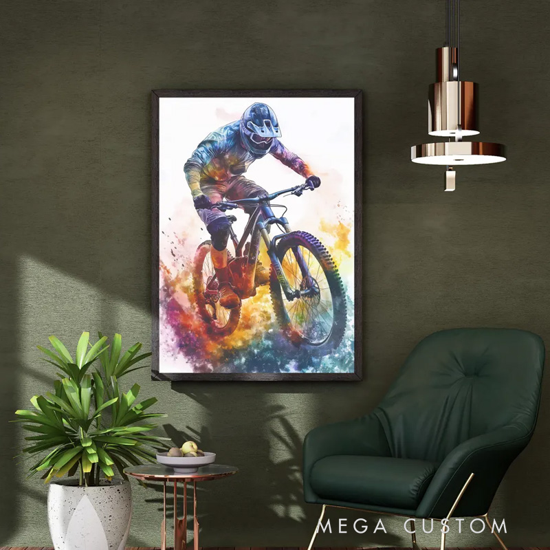 Personalized Photo Colorful Mountain Bike Wall Art Cycling Portrait Painting Cyclist Gift Idea Cycling Present