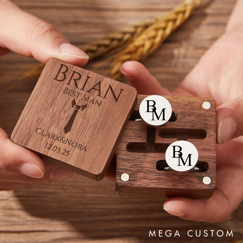Personalized Wooden Cufflink Box Set Groomsman Proposal Cufflinks Box Set with Cuff Link Elegant Wedding Party Favors Cufflinks for Men Best Man Gift