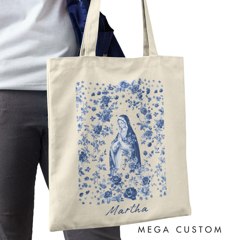 Personalized Virgin Mary Canvas Tote Bag with Name Birthday Gift Religious Gift Catholic Gift for Women