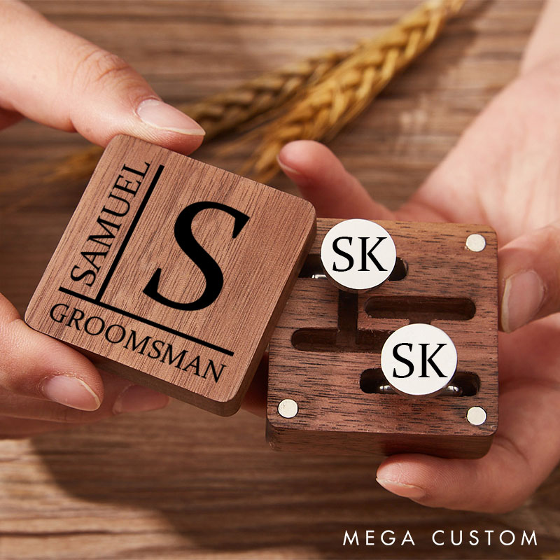 Personalized Wooden Cufflink Box Set Groomsmen Monogrammed Wedding Party Gift Cufflink Box Bachelor Party Favors Gift for Men