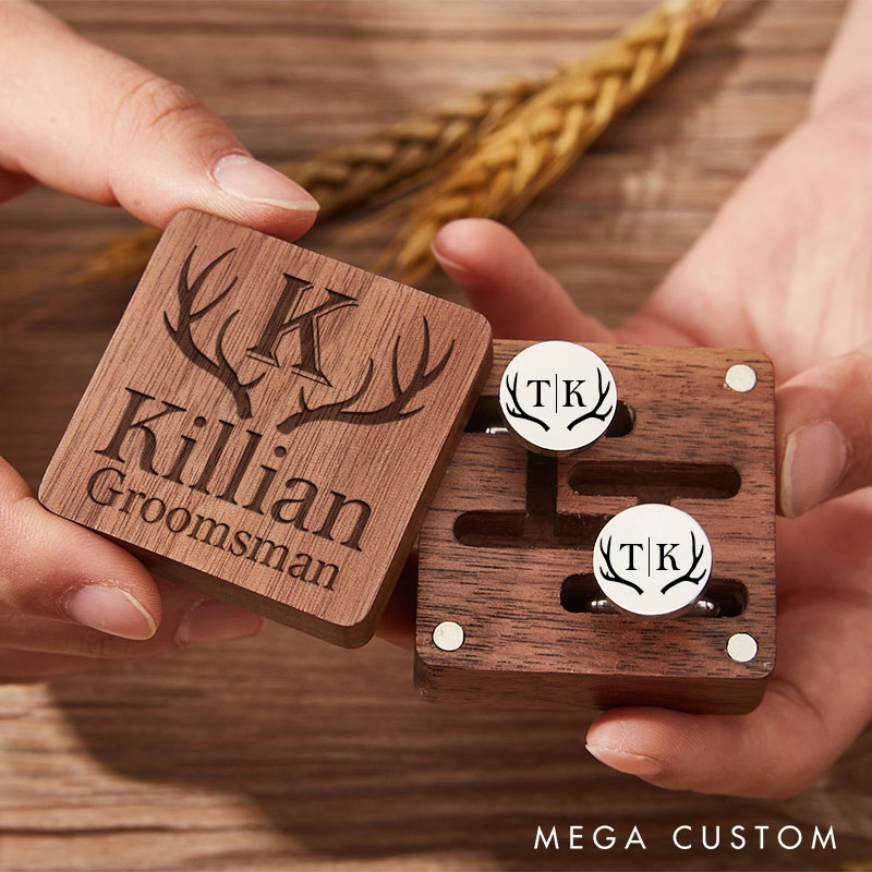 Personalized Groomsmen Cufflink Box Set Wooden Cufflink Box with Cufflinks Rustic Antler Design Cufflinks Wedding Party Gift for Groom Best Man