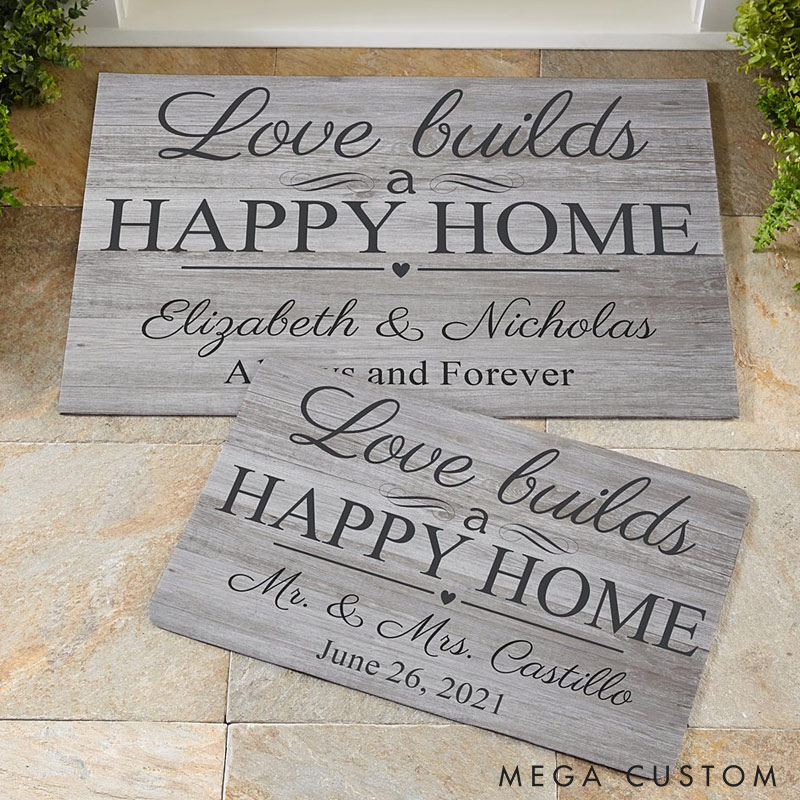 Personalized Love Builds a Happy Home Door Mat Custom Family Name Welcome Mat Indoor Outdoor Decor Housewarming Gift for New Home