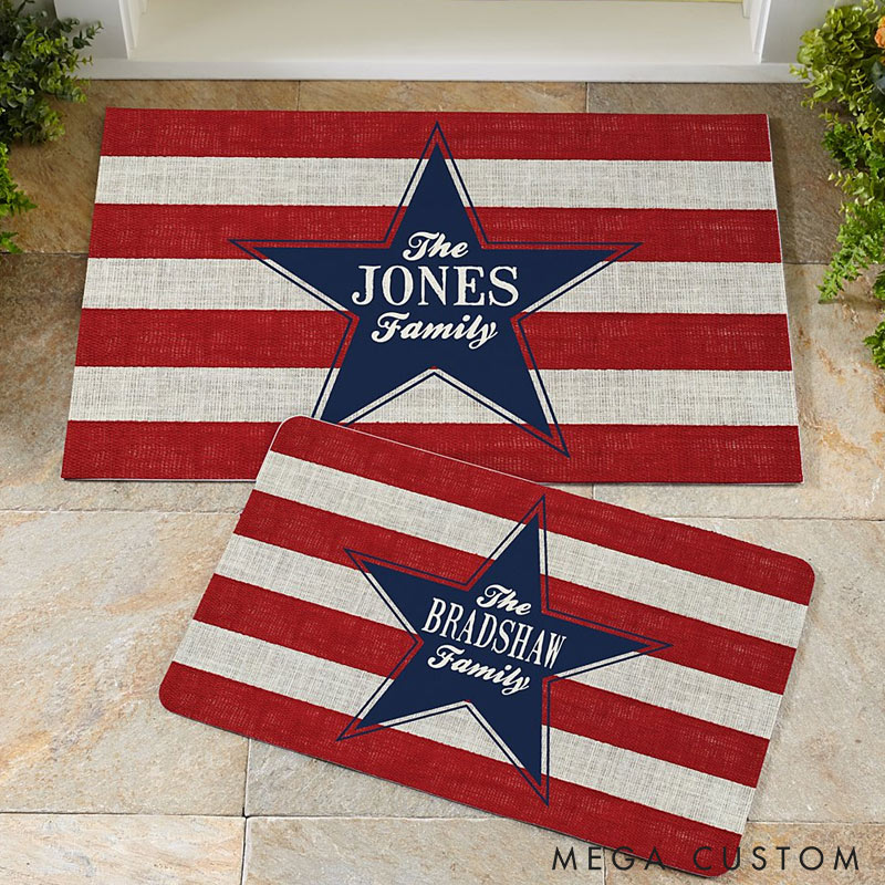 Personalized Patriotic Door Mat Custom Family Name Welcome Mat Indoor Outdoor Decor Housewarming Gift for New Home