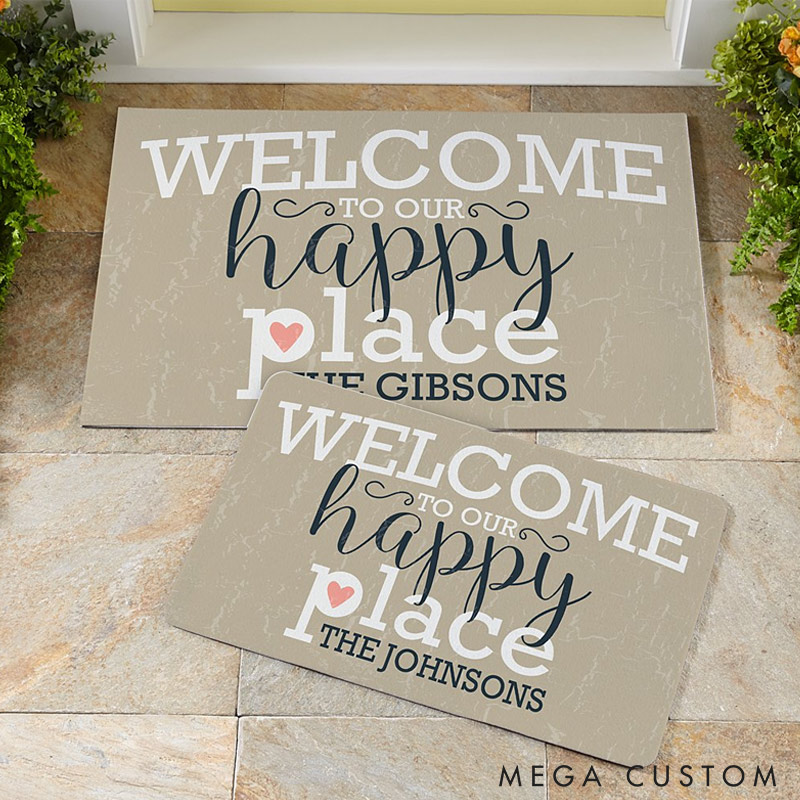 Personalized Welcome Door Mat Custom Family Name Happy Place Mat Indoor Outdoor Decor Housewarming Gift for New Home