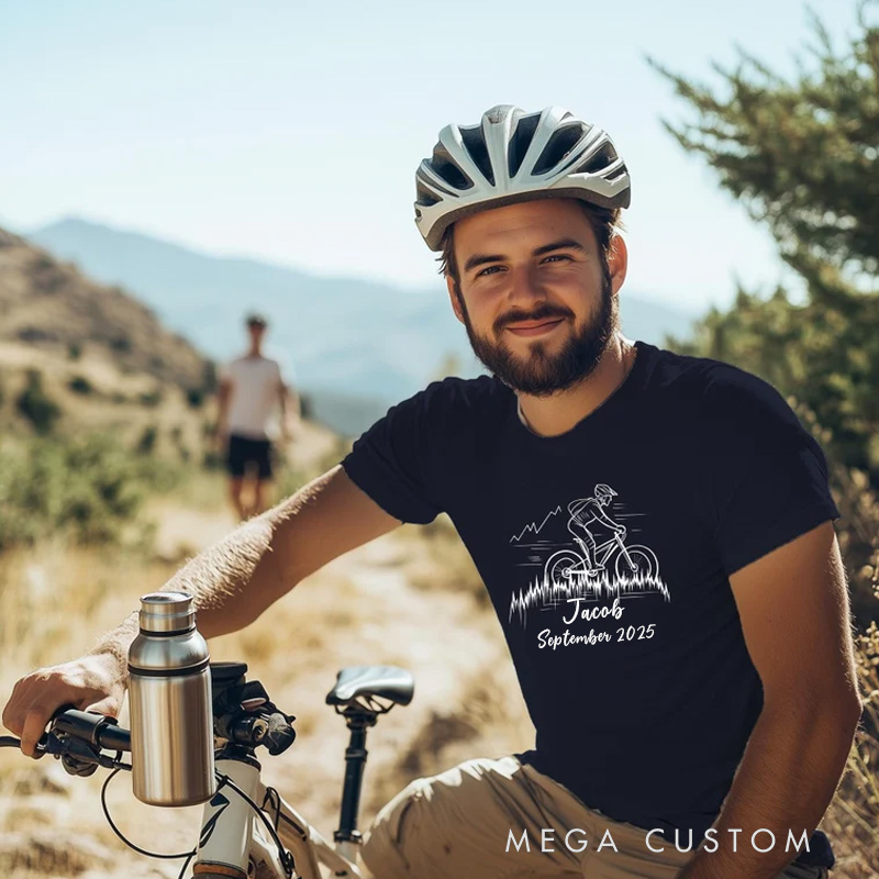 Personalized MTB Heartbeat Shirt Mountain Biker Gift for Men Trail Rider Tee Cycling Gift Downhill Bike T-Shirt Outdoors Adventure Shirt