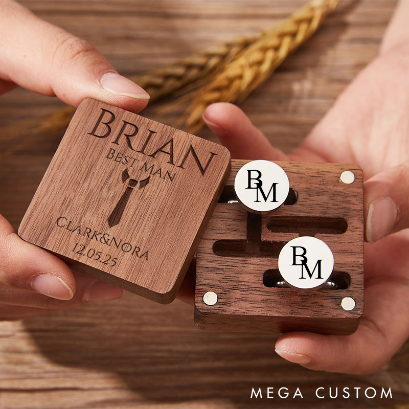 Personalized Wooden Cufflink Box Set Groomsmen Wedding Party Cufflinks Box with Cufflink Best Man Proposal Gift Cufflinks Bachelor Favors Gift