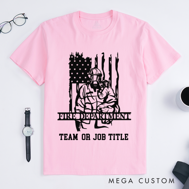Personalized Fire Department American Flag Firefighter Silhouette Design Gift for Firefighter T-Shirt
