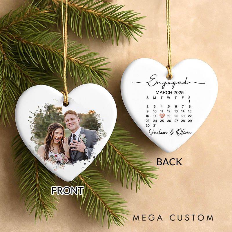 Personalized Couple Engaged Calendar Date Ceramic Ornament with Name Wedding Married Photo Ornament Our First Christmas Ornament Engagement Gift