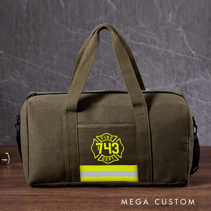 Personalized Firefighter Travel Canvas Bag with Fire Department Badge and Reflective Stripe Design Gift for Firefighters
