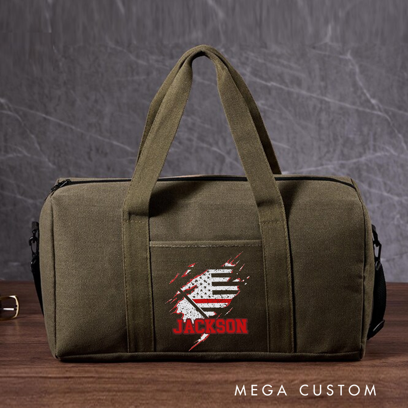 Personalized Firefighter Travel Canvas Bag with American Flag and Firefighter Design Gift for Firefighters