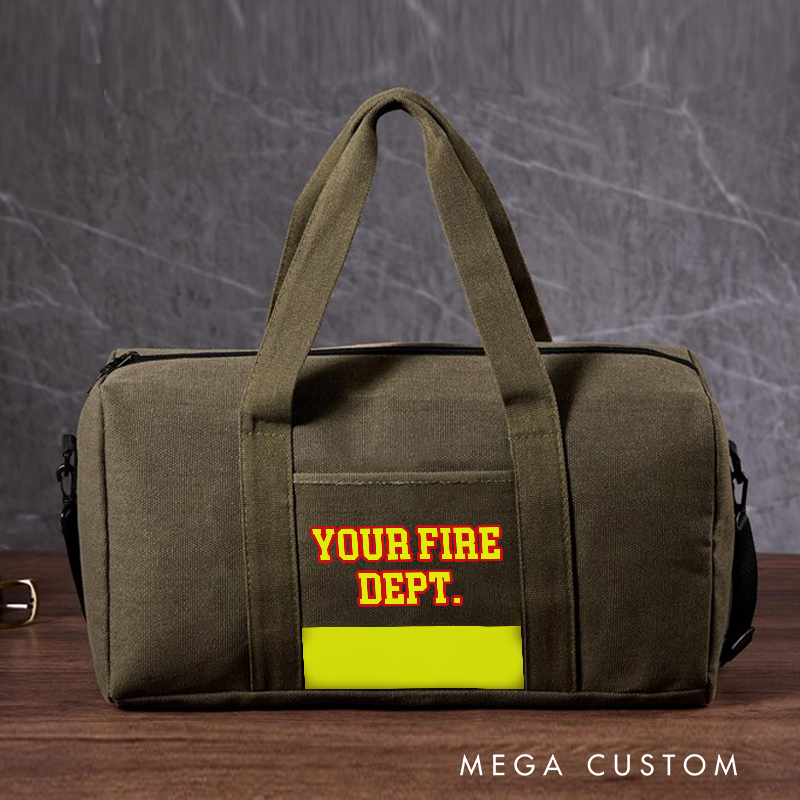 Personalized Firefighter Travel Canvas Bag with Fire Department Text and Reflective Stripe Design Gift for Firefighters