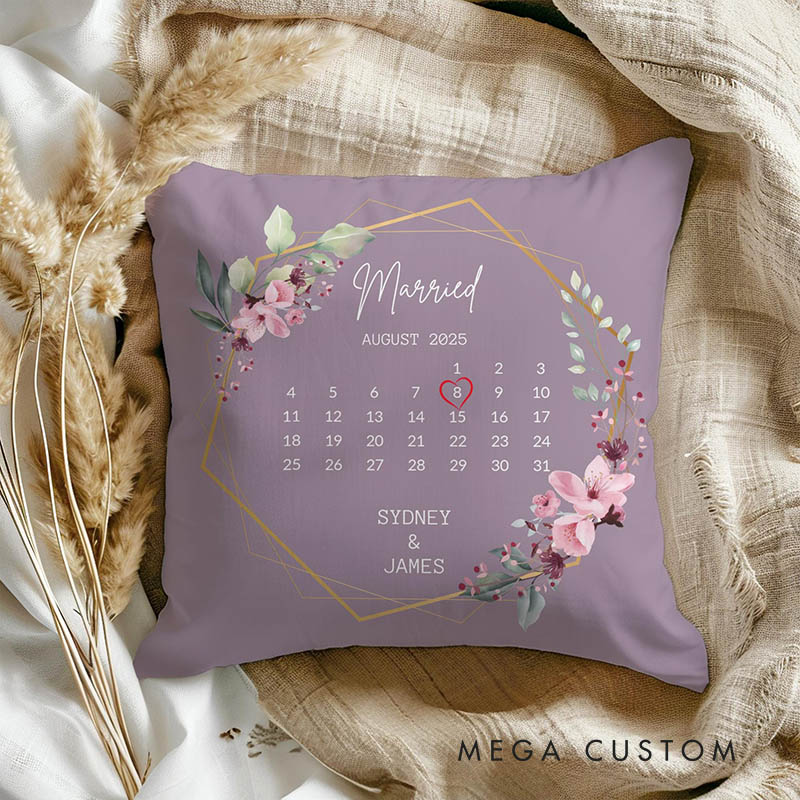 Personalized Couple Floral Married Calendar Pillow with Name Custom Newlyweds Wedding Date Pillow Engagement Pillow for Husband Wife Anniversary Gift