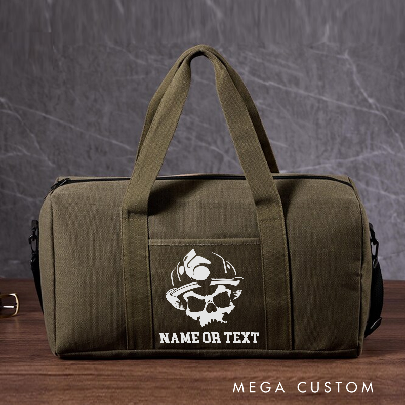 Personalized Firefighter Travel Canvas Bag with Skull and Fire Helmet Design Gift for Firefighters