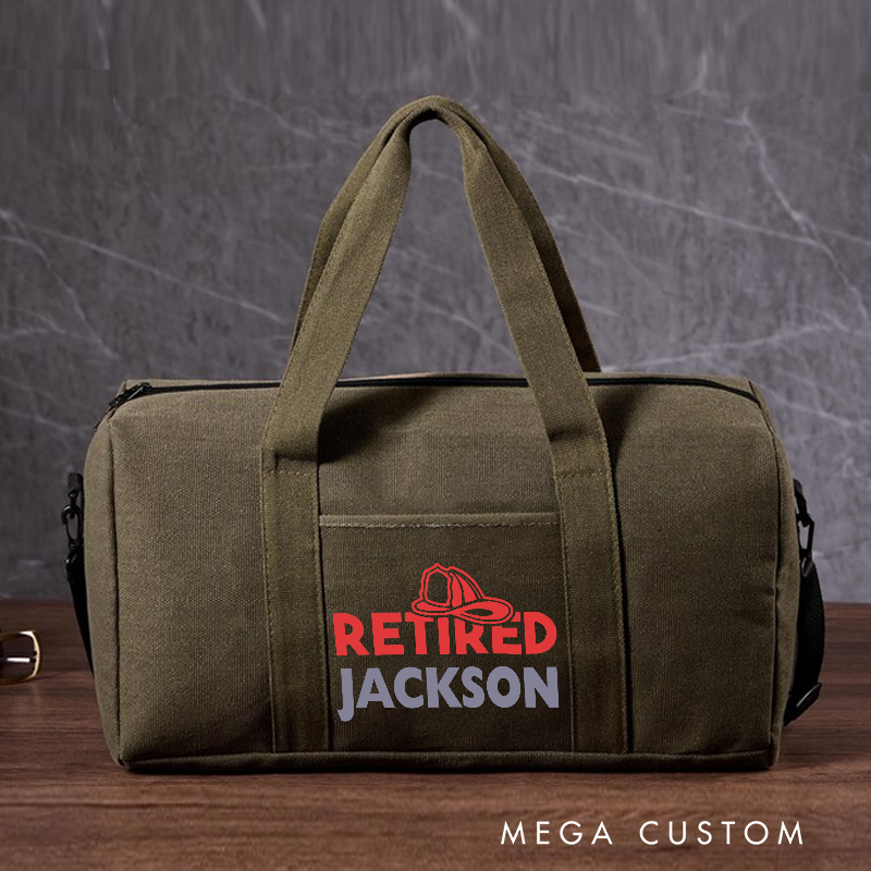 Personalized Retired Firefighter Travel Canvas Bag with Helmet Design Gift for Retired Firefighters
