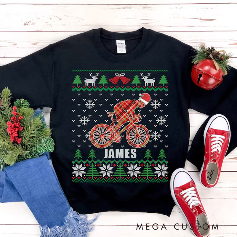 Personalized Cycling Christmas Sweatshirt Funny Bike Cyclist Gift Ugly Christmas Sweater Holiday Party Shirt Xmas Unisex Heavy Blend Sweatshirt