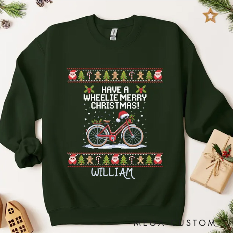 Personalized Bicycle Classic Christmas Jumper Have A Wheelie Merry Christmas Green Xmas Sweater
