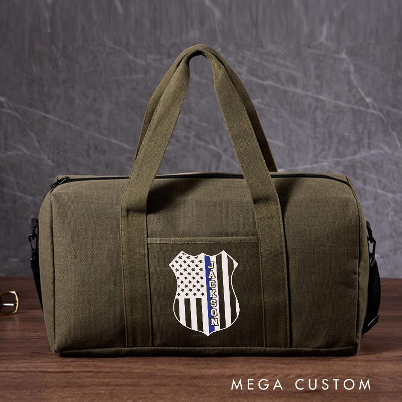 Personalized Police Travel Canvas Bag with Badge and Thin Blue Line American Flag Design Gift for Law Enforcement Officers
