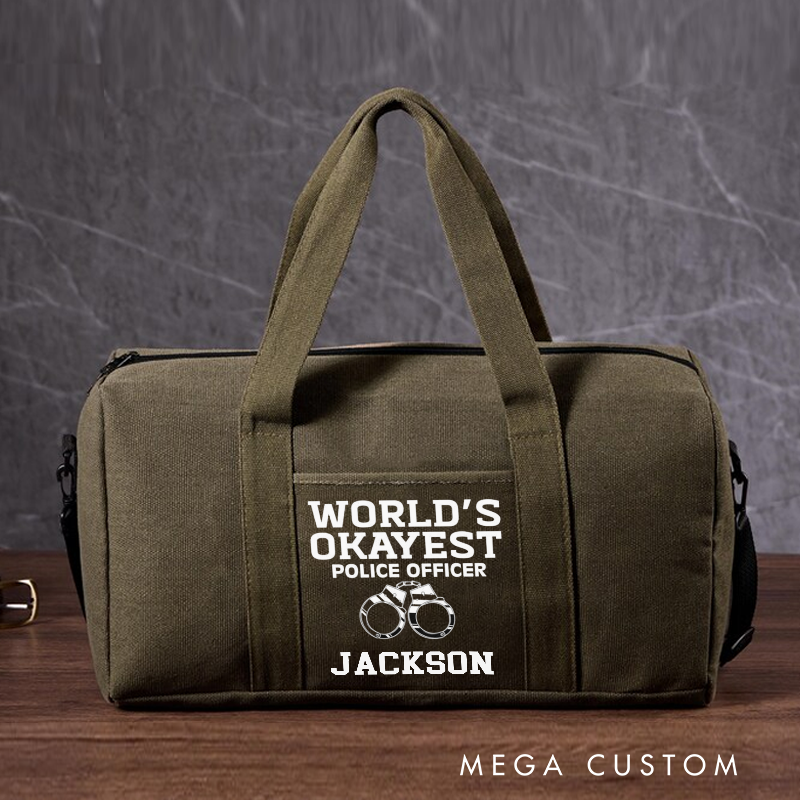 Personalized Police Travel Canvas Bag with World's Okayest Police Officer Handcuff Design Gift for Law Enforcement Officers