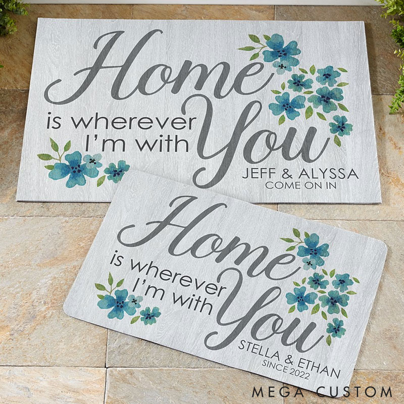 Personalized Home is wherever I'm with You Doormat Custom Housewarming Gift Floral Design Indoor Outdoor Welcome Mat Since 2022 Durable Floor Rug