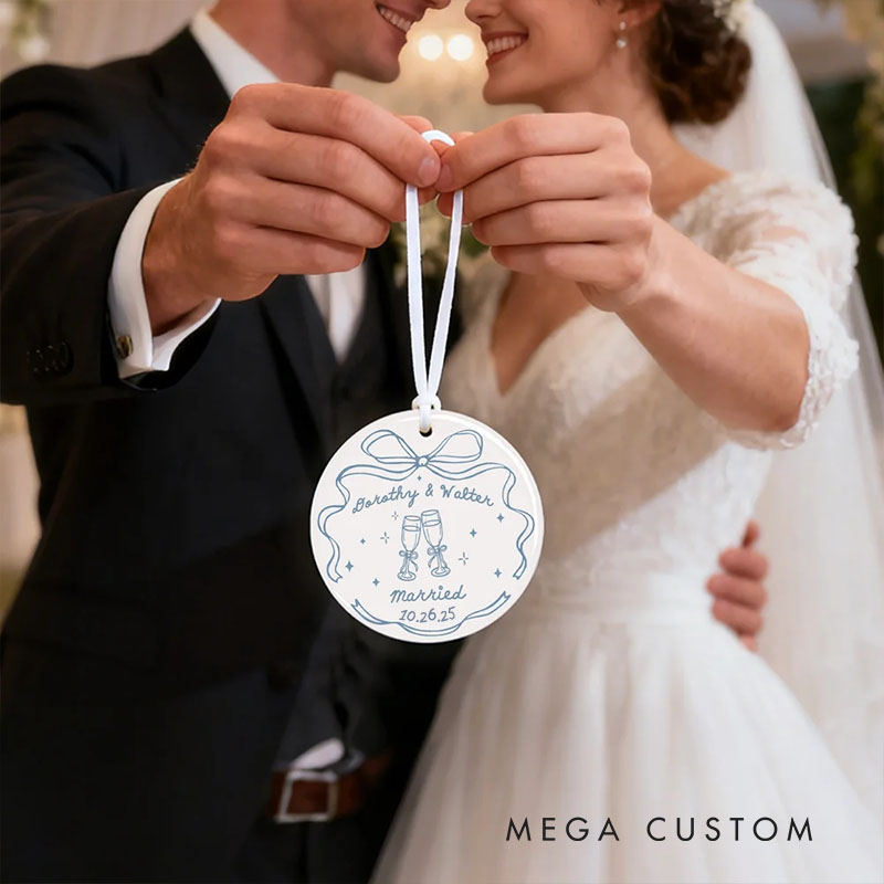 Personalized Couple Romantic Wedding Bow Ceramic Ornament Custom Newlyweds Married Ornament Our First Christmas Ornament Engagement Bridal Shower Gift