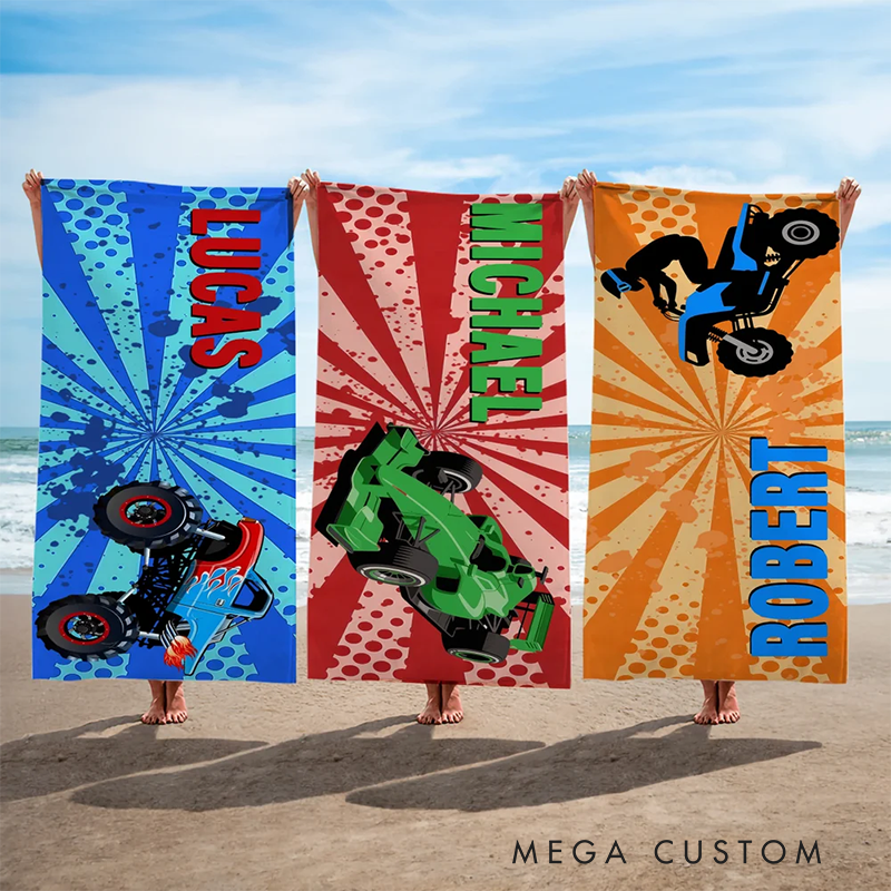 Personalized Extreme Sports Beach Towel with Name Custom Rectangular Thick Cotton Towel Gift for Motorcyclist and Racing Lovers
