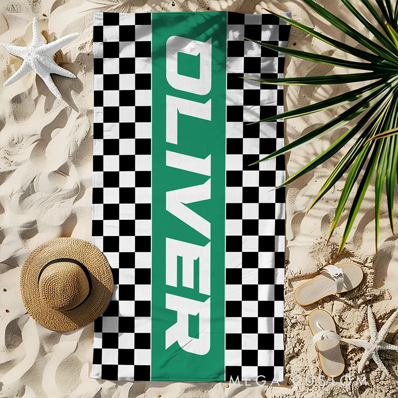 Personalized Checkered Racing Flag Beach Towel with Name Custom Oversized Towel Gift for Racers and Racing Lovers