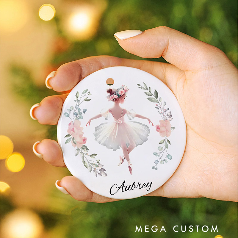 Personalized Floral Ballet Girl Ornament with Name Christmas Home Decor Birthday Gift for Ballerinas Dancers