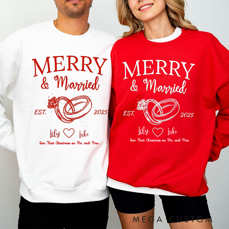 Personalized Merry and Married Sweatshirts for Newlywed Couple First Christmas Sweatshirt