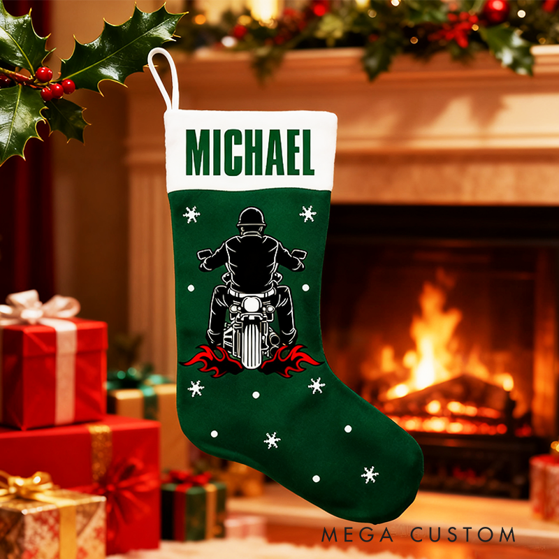 Personalized Motorcycle Christmas Stocking with Name Custom Biker Stocking Gift for Motorcyclists and Motorsport Lovers