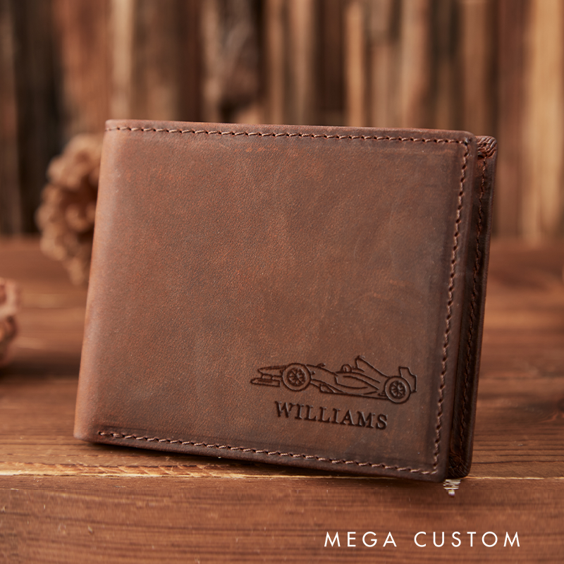 Personalized Engraved Leather Wallet with Racing Car Design Gift for Racer and Racing Lovers