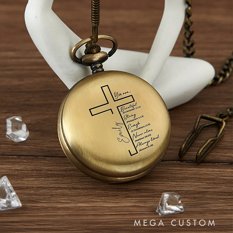 Personalized Bible Christian Cross Pocket Watch with Engraved Name Birthday Graduation Religious Gift for Christian Father Son
