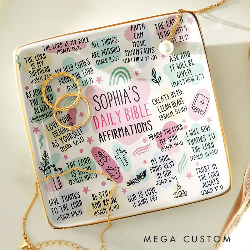 Personalized My Daily Bible Affirmations Ceramic Square Ring Dish with Name Religious Gift for Christians