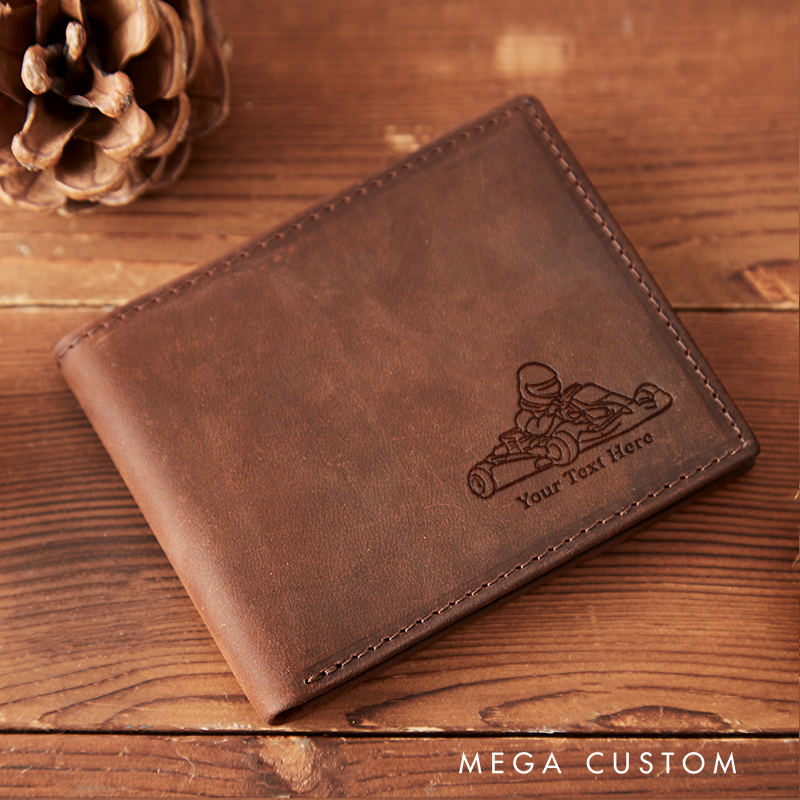Personalized Engraved Leather Wallet with Go Kart Design Gift for Racer and Racing Lovers