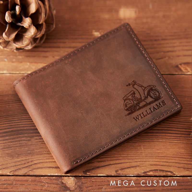 Personalized Engraved Leather Wallet with Motobike Design Gift for Motorcyclist and Motorcycle Lovers