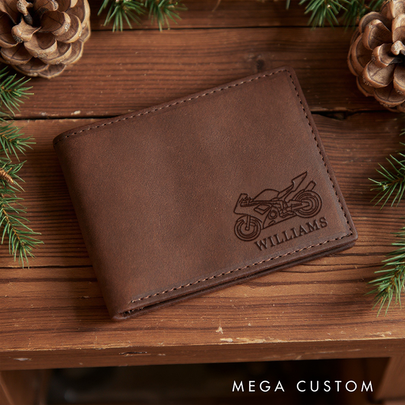 Personalized Engraved Leather Wallet with Motorcycle Design Gift for Motorcyclist and Motorcycle Lovers