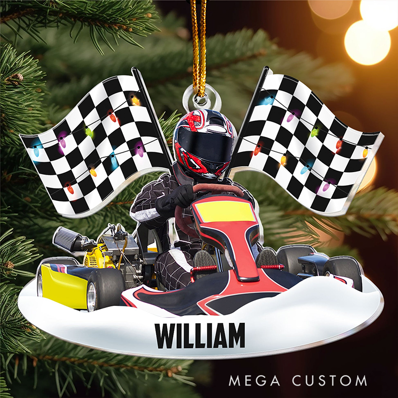 Personalized Racing Christmas Ornament Custom Photo and Name Acrylic Gift for Racers and Motorsport Lovers