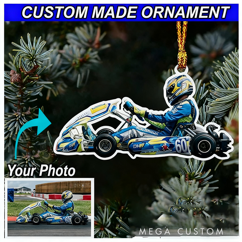 Personalized Go Kart Racing Christmas Ornament Custom Photo Acrylic Gift for Racers and Kart Lovers