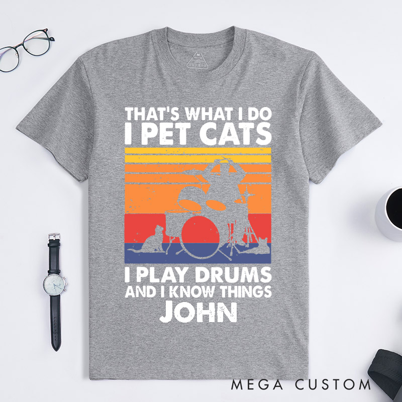 Personalized Cat Lover Drummer Classic T-Shirts Custom Name Pet Cats Play Drums Gift for Men Women Musician Band Tee for Cat Owners Music Lovers
