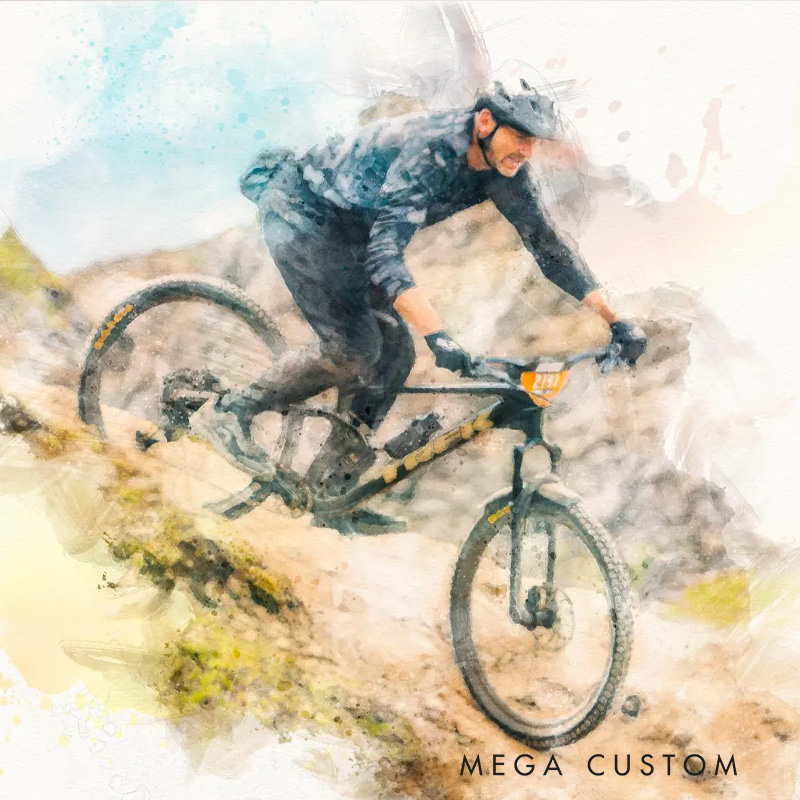 Personalized Mountain Biker Portrait Custom Bicycle Painting from Photo Cycling Poster Gift for Boyfriend Fathers Day Gift Sports Gift