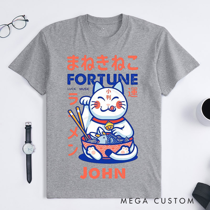 Personalized Fortune Cat Ramen Classic T-Shirts Lucky Music Maneki Neko Japanese Style Custom Name Gift for Men Women Unisex Unique Good Luck Present