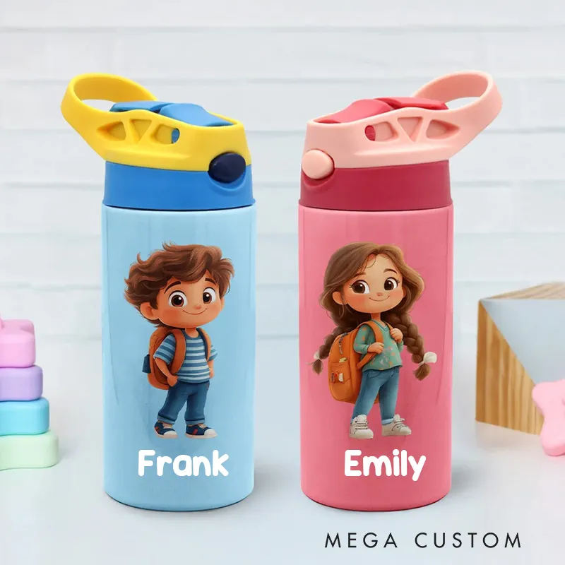 Personalized Cute Cartoon Character Name 12 oz Insulated Water Bottle with Straw and Spill-Proof Lid Back to School Gift for Boys Girls