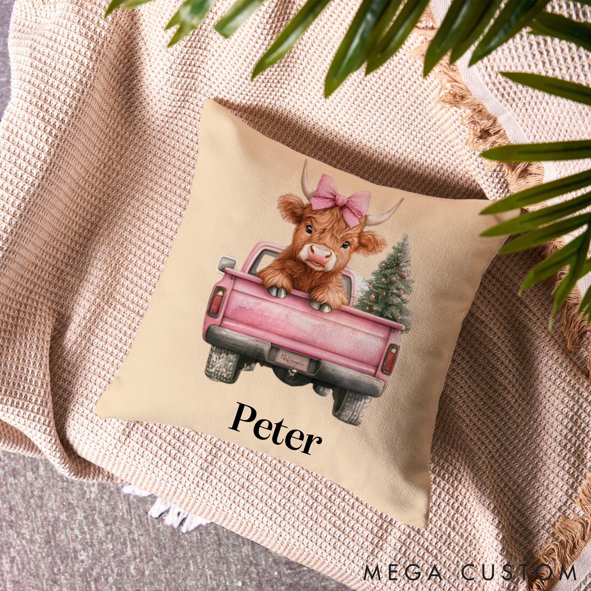 Personalized Pet Lover Pink Christmas Highland Cow Throw Pillows